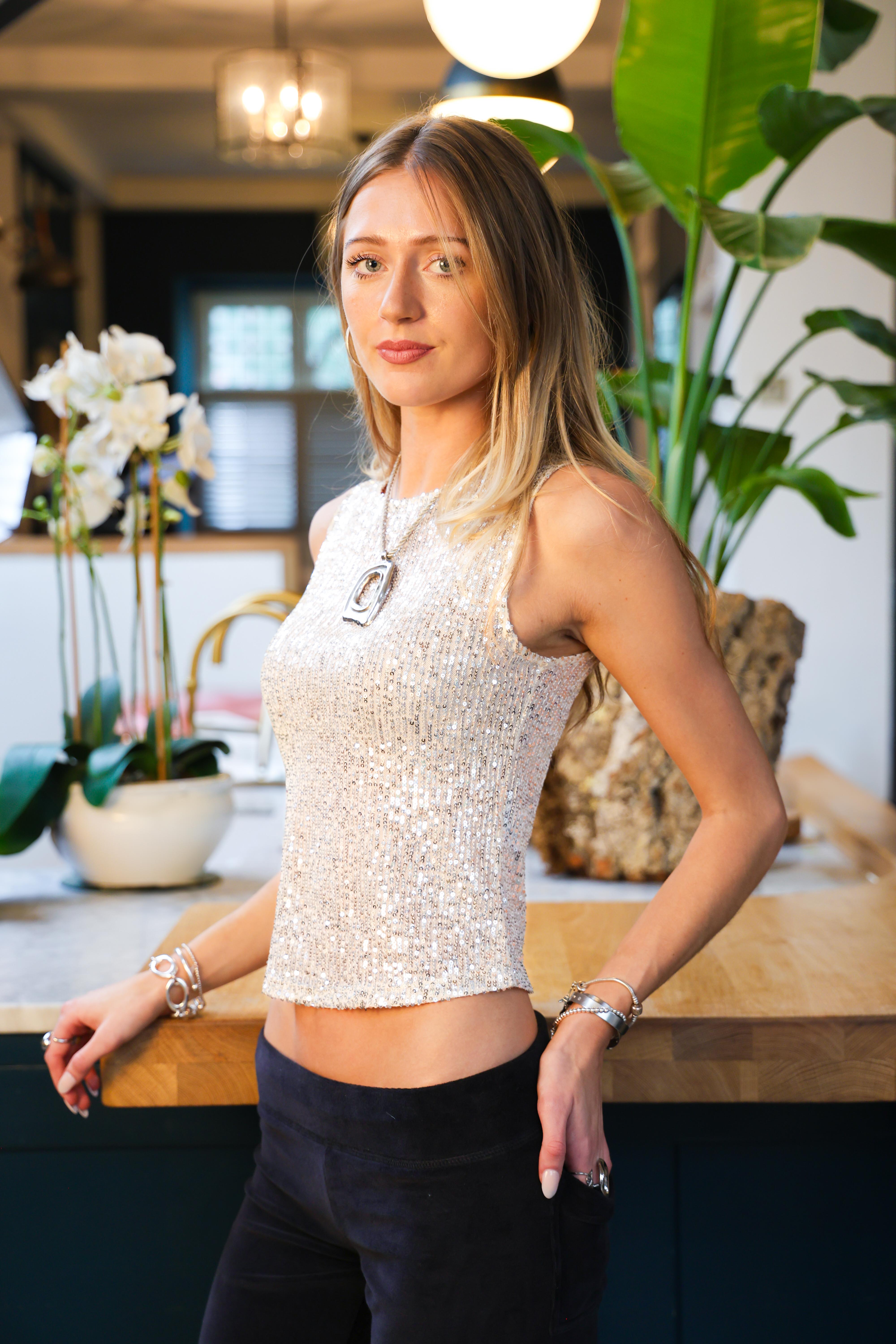 Champagne Sequin High-Neck Sheer Top