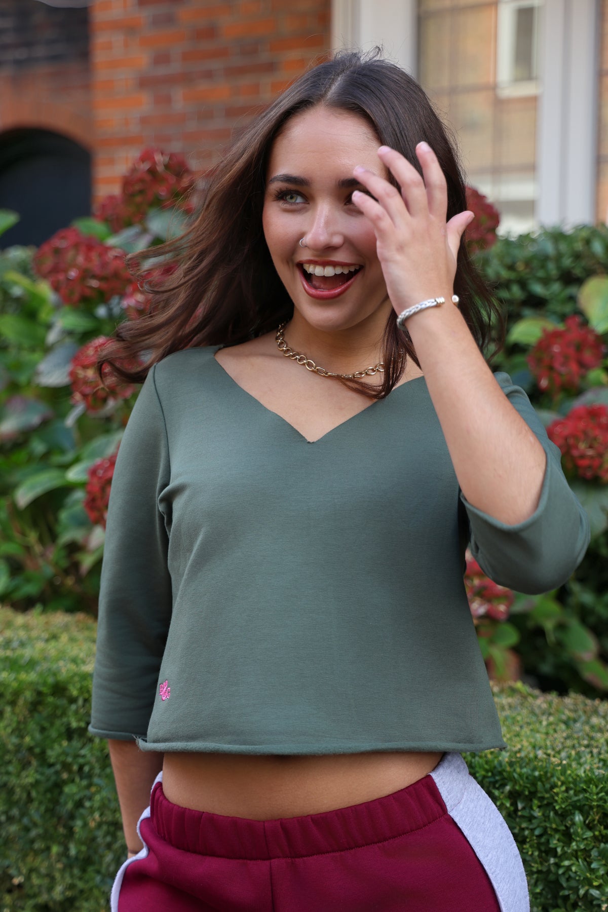 Holly Olive & Raspberry Embroidery Half Sleeve Top
