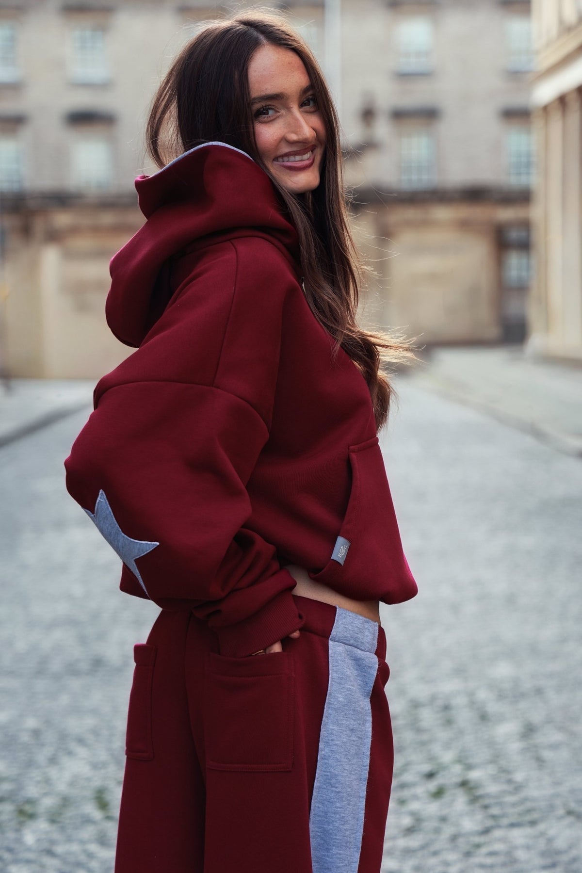 The Daisy Bordeaux & Light Grey Melange Jersey Hoodie - Babble & Goose