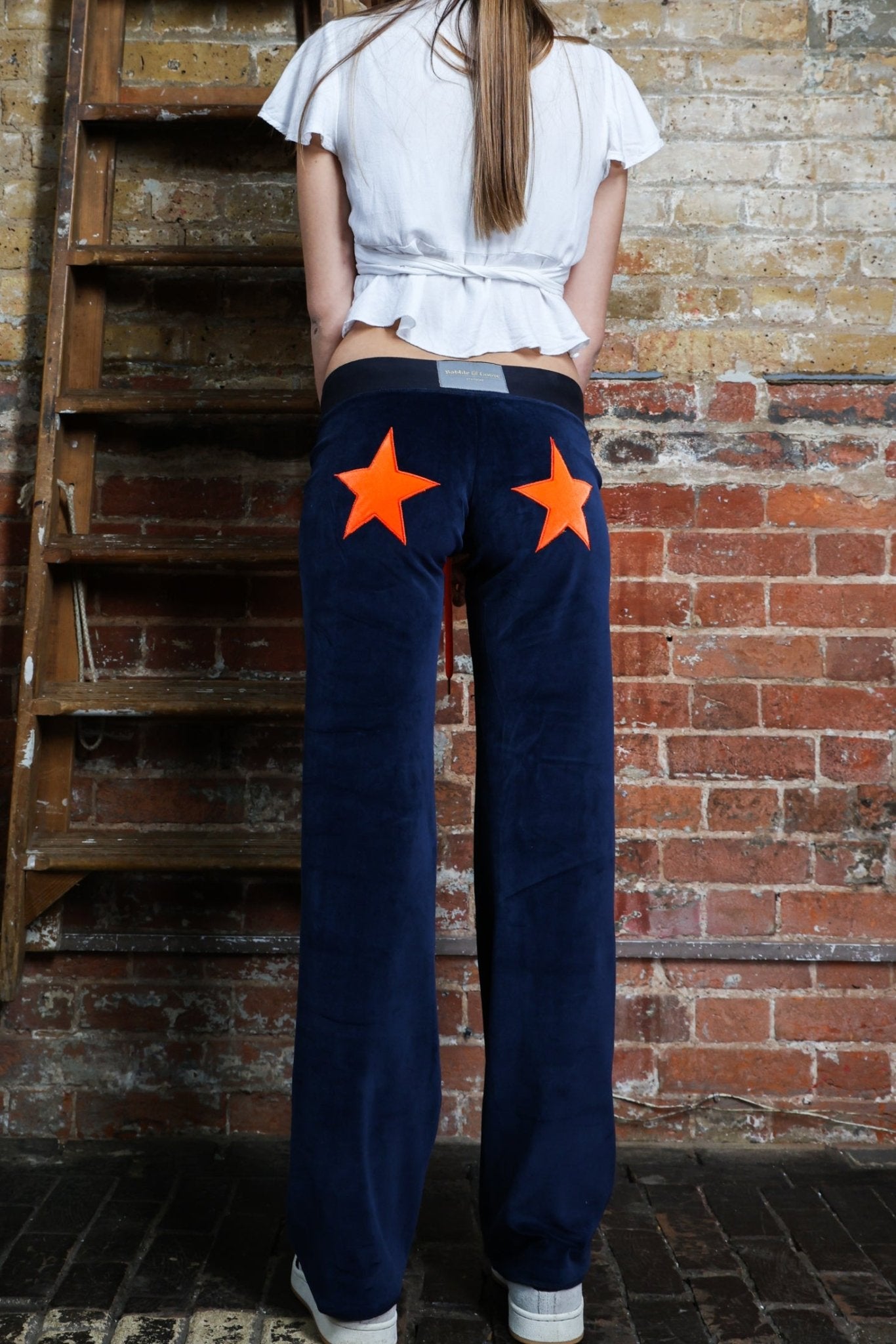 Velour Star Jogger Navy / Neon Orange - Babble & Goose