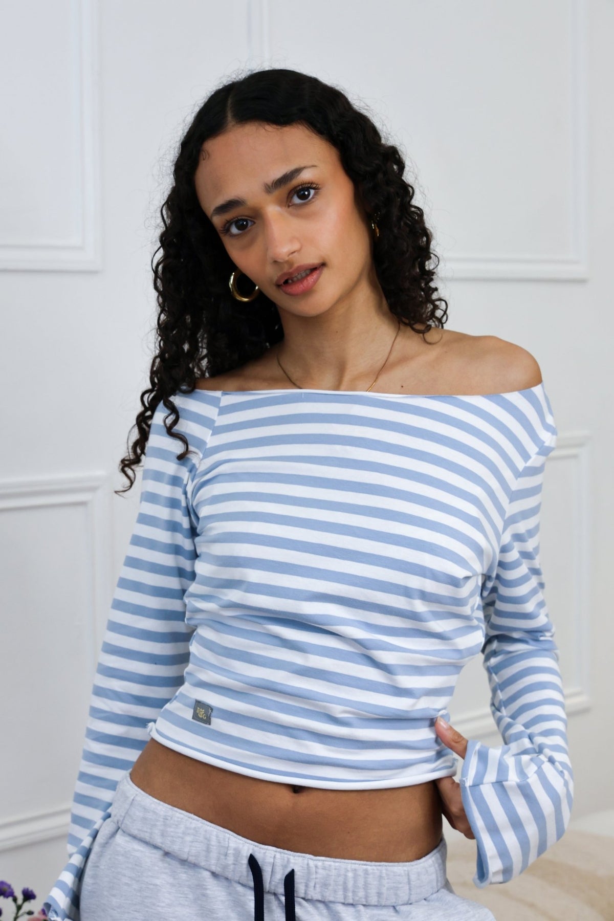 Etalie Off-Shoulder Top - Dusky Blue/White Stripe