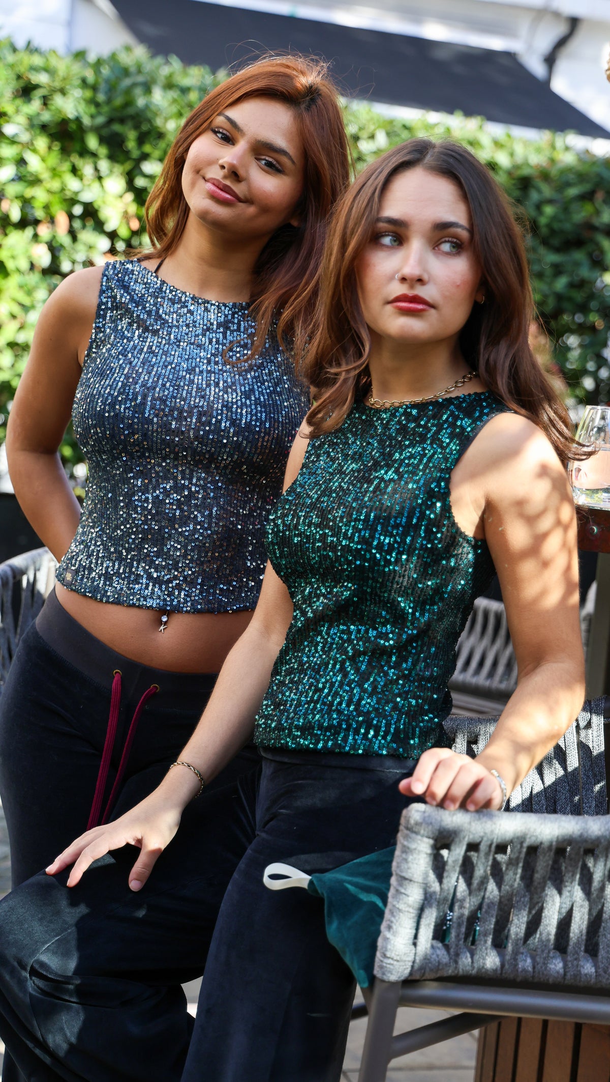 Slate Blue & Grey Sequin High-Neck Sheer Top