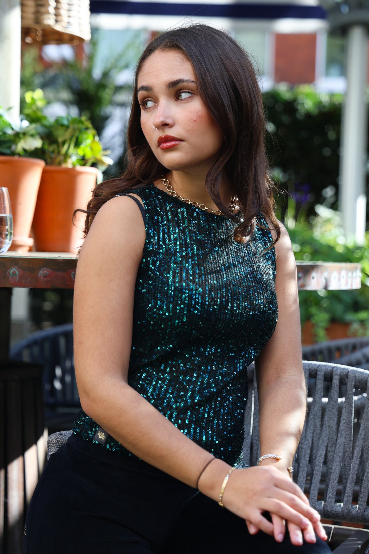 Emerald & Black Sequin High-Neck Sheer Top