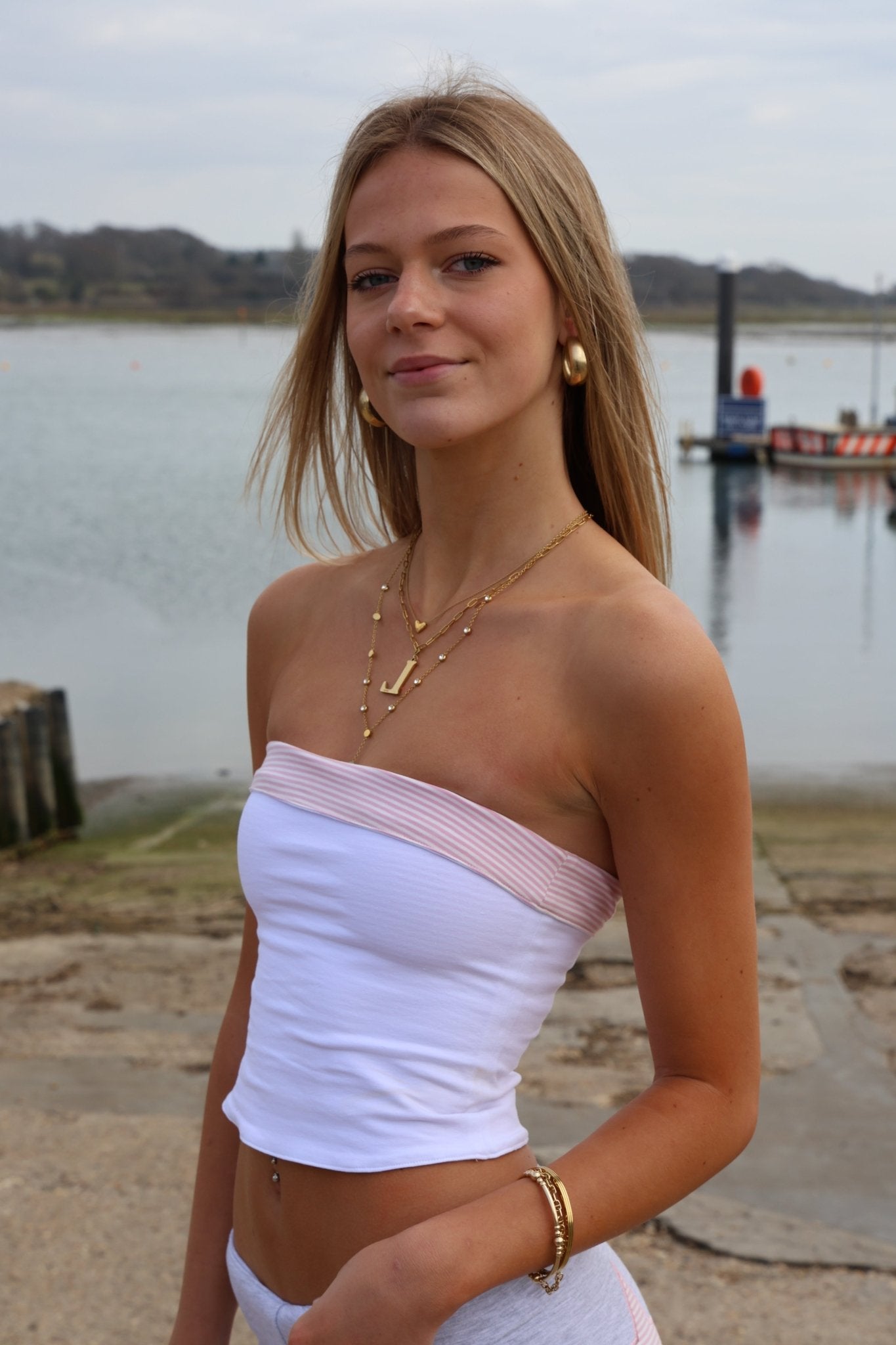 Reversible Jersey Bandeau Pink and White Stripe / White - Babble & Goose