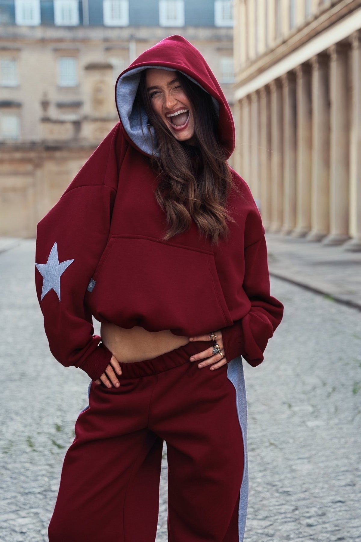 The Daisy Bordeaux & Light Grey Melange Jersey Hoodie - Babble & Goose